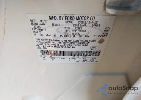 2007 Ford Edge Sel Plus z USA, uszkodzony, nr VIN 2FMDK39C77BA80010